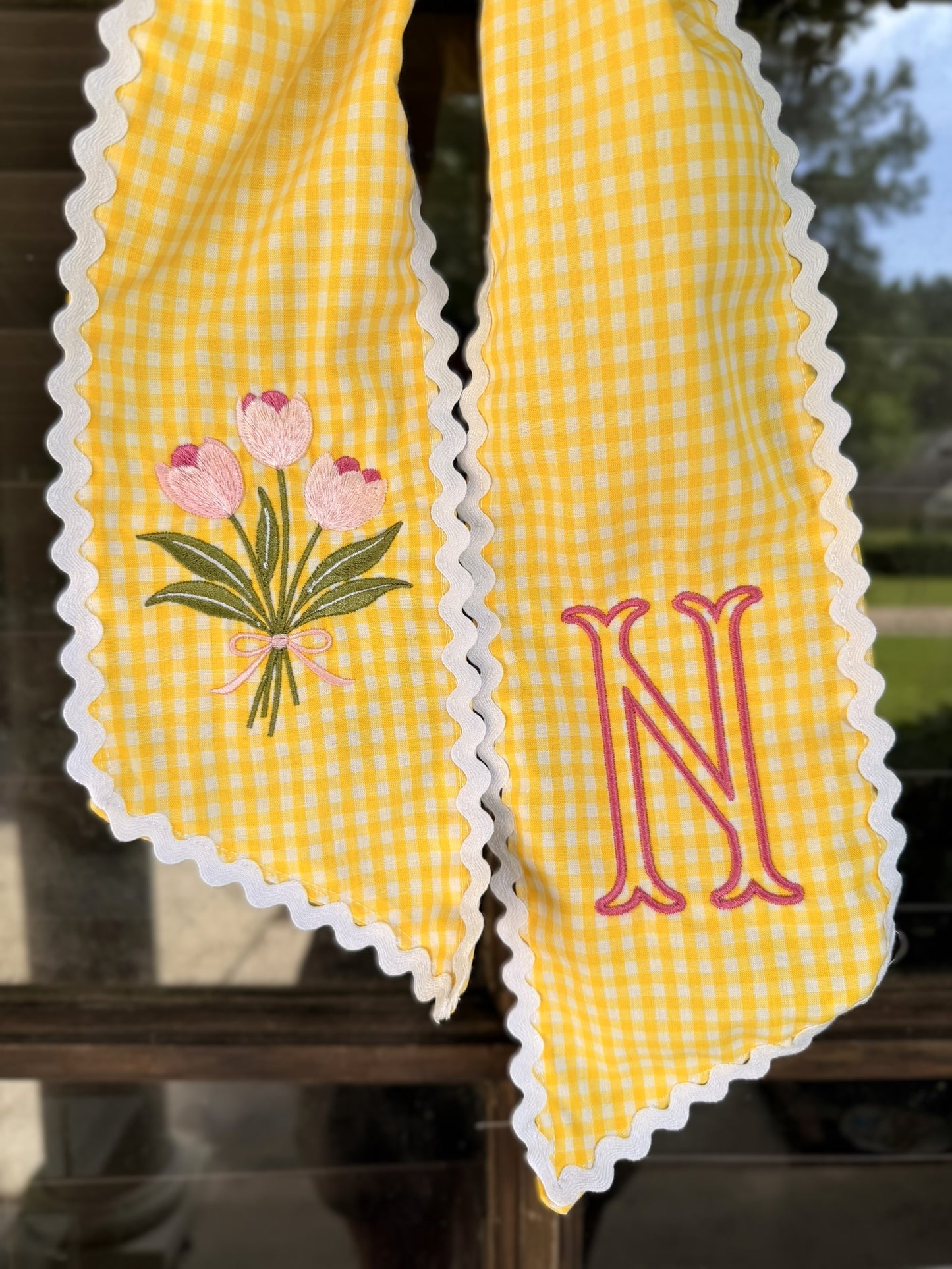 Handmade & Embroidered Yellow Gingham Floral/ Initial Wreath Sash