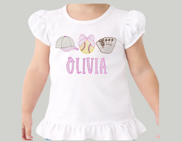 Girls Softball/ Baseball Sketch T-shirt w/ Name
