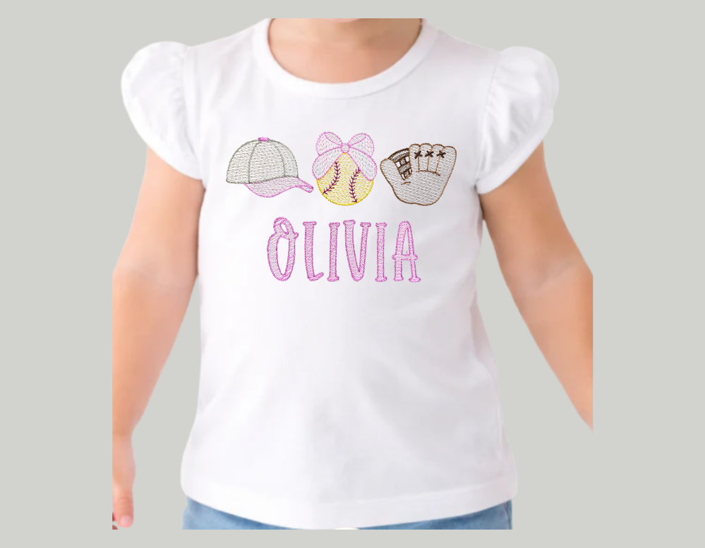 Girls Softball/ Baseball Sketch T-shirt w/ Name