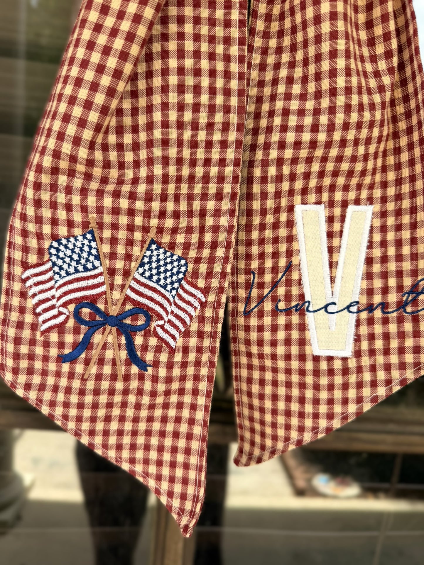 Handmade & Embroidered Red Gingham Initial/ American Flag Wreath Sash