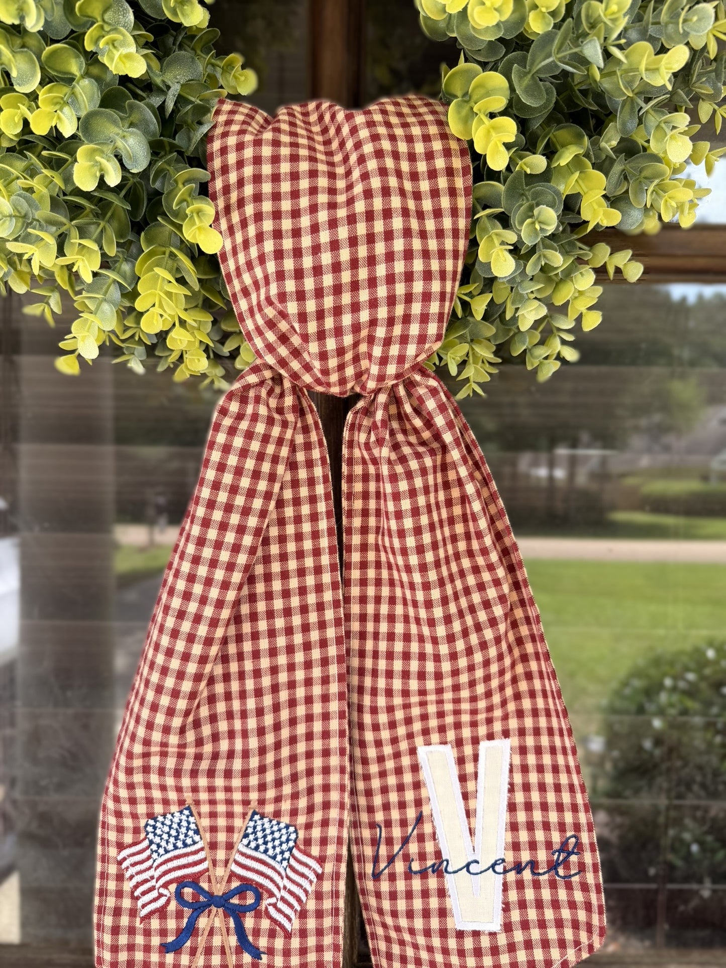 Handmade & Embroidered Red Gingham Initial/ American Flag Wreath Sash