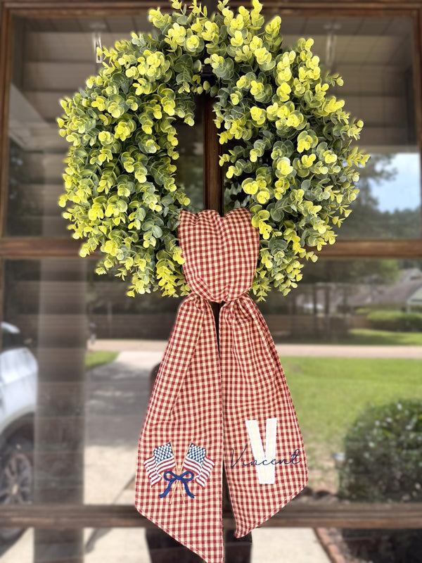 Handmade & Embroidered Red Gingham Initial/ American Flag Wreath Sash