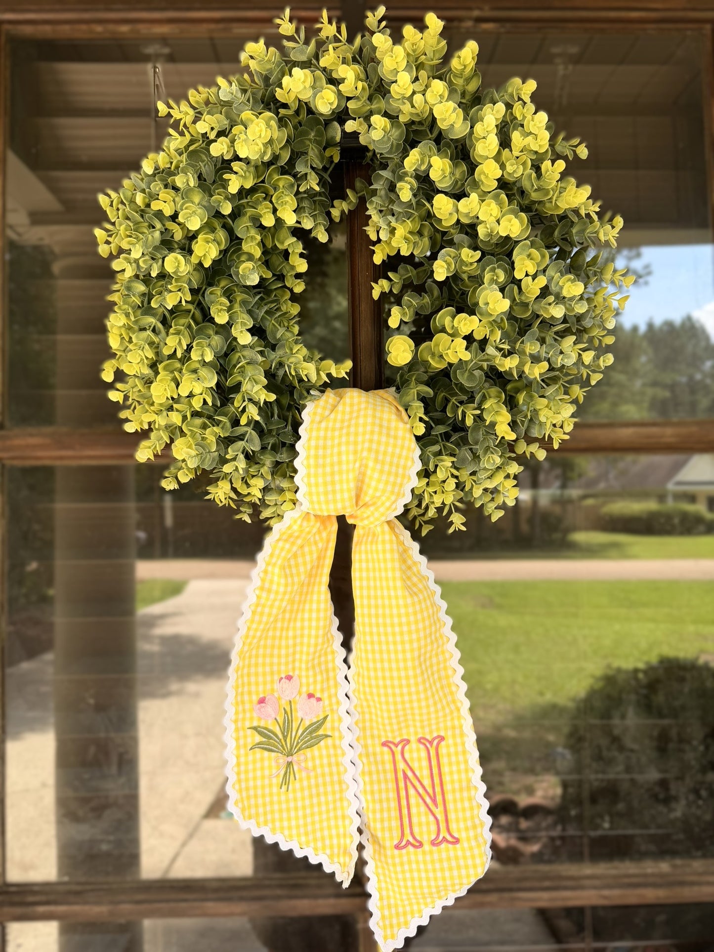 Handmade & Embroidered Yellow Gingham Floral/ Initial Wreath Sash