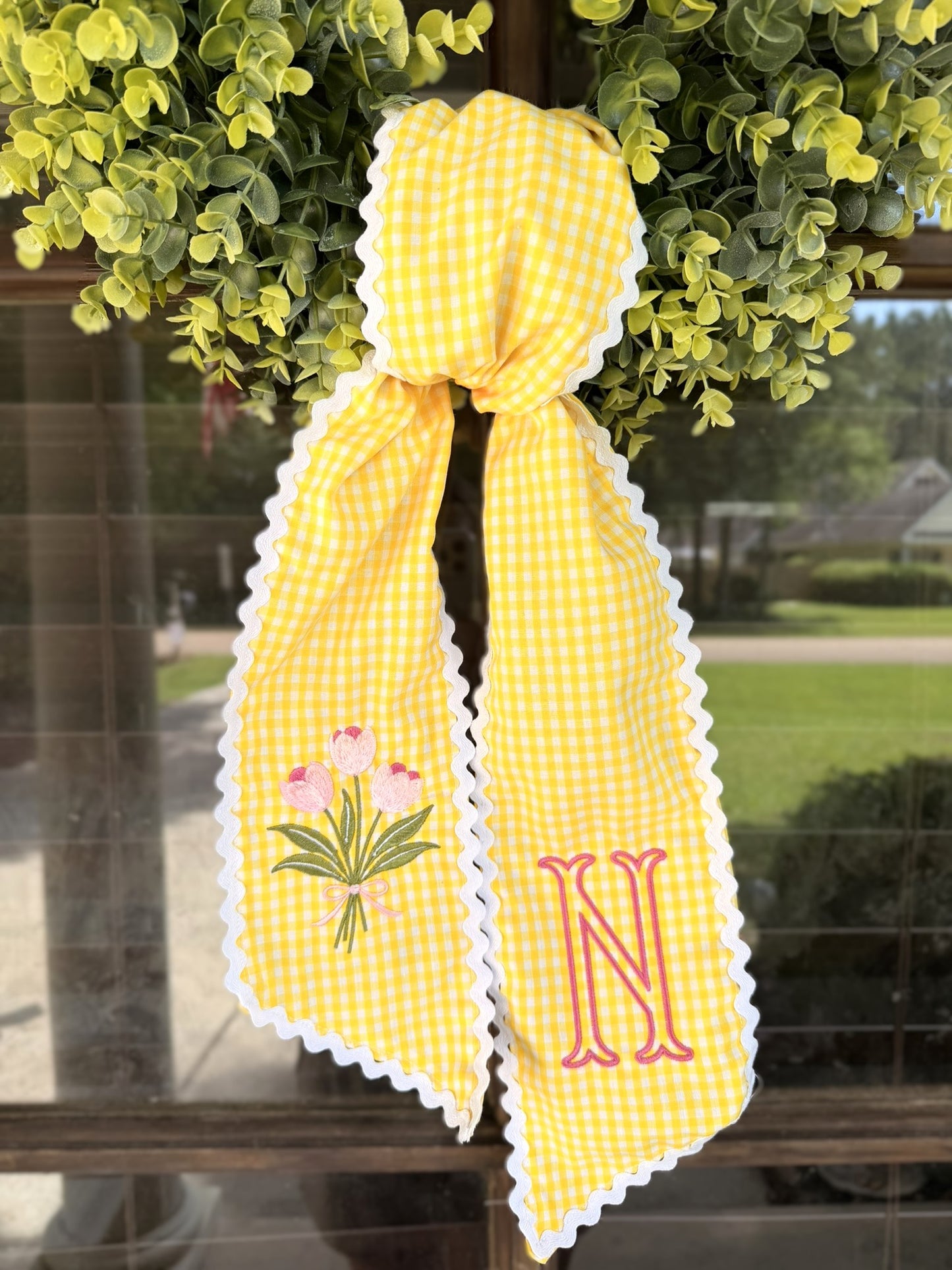 Handmade & Embroidered Yellow Gingham Floral/ Initial Wreath Sash