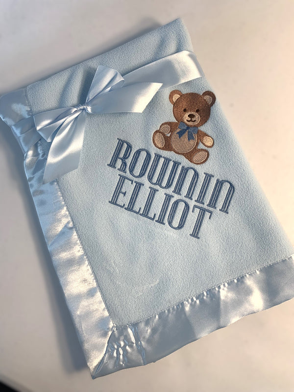 Fleece Baby Blanket with Embroidered Teddy Bear & Name