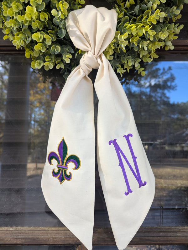 Handmade & Embroidered Mardi Gras Initial/ Flur De Lis Wreath Sash