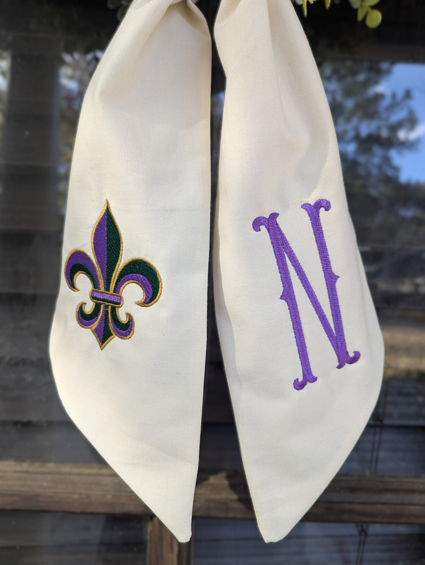 Handmade & Embroidered Mardi Gras Initial/ Flur De Lis Wreath Sash