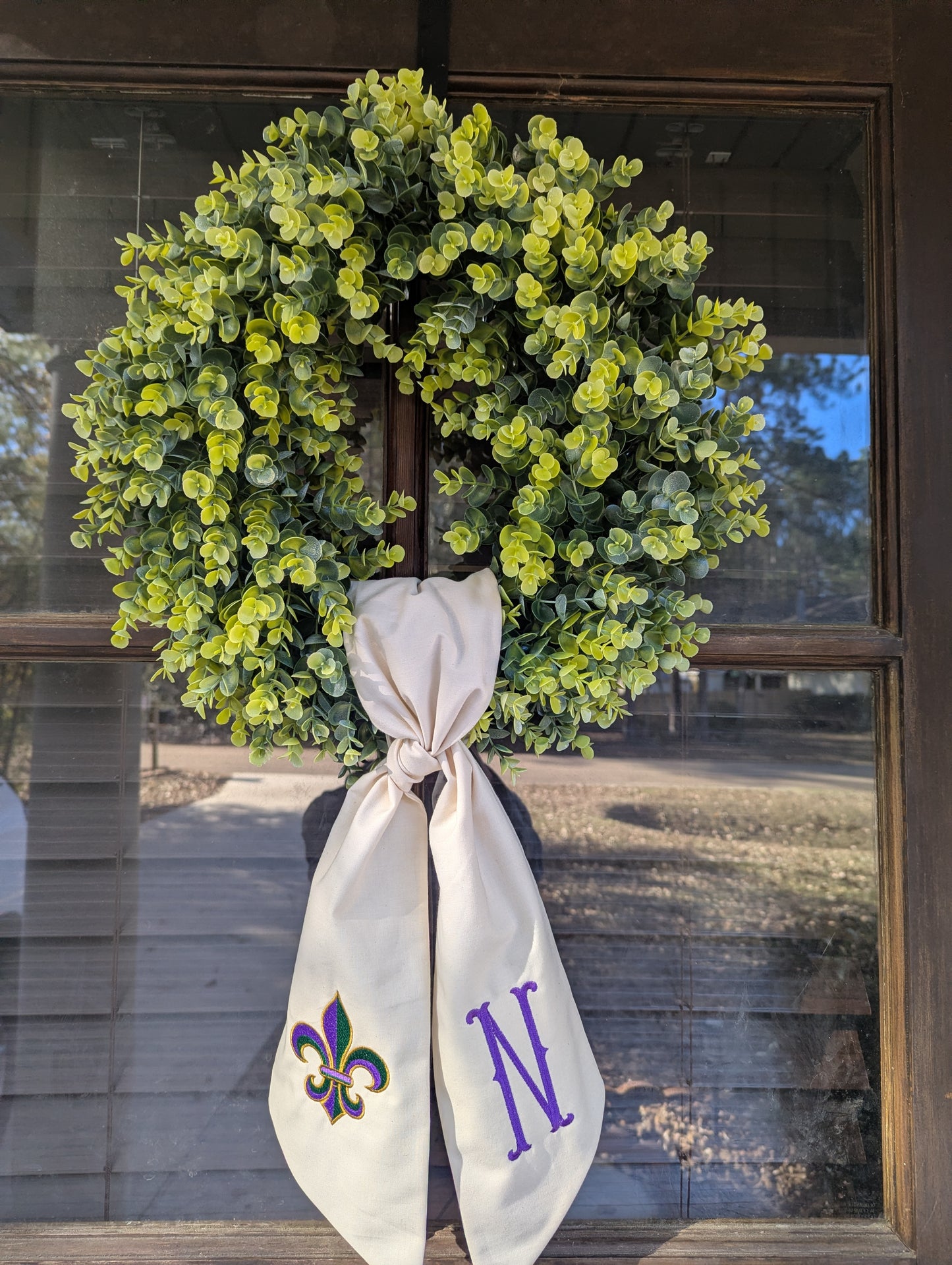 Handmade & Embroidered Mardi Gras Initial/ Flur De Lis Wreath Sash
